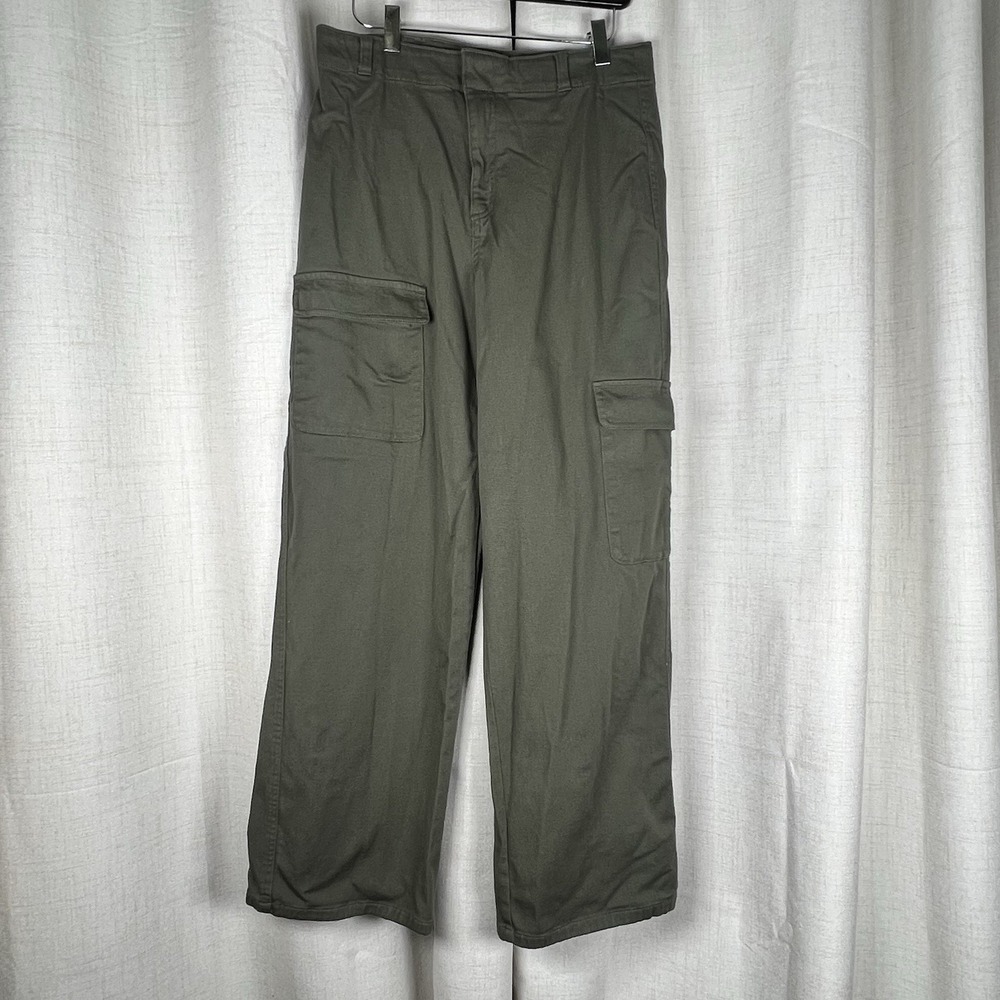 Quince Organic Stretch Cotton Twill Cargo Pants Women's 10 Army‎ Green Wide Leg